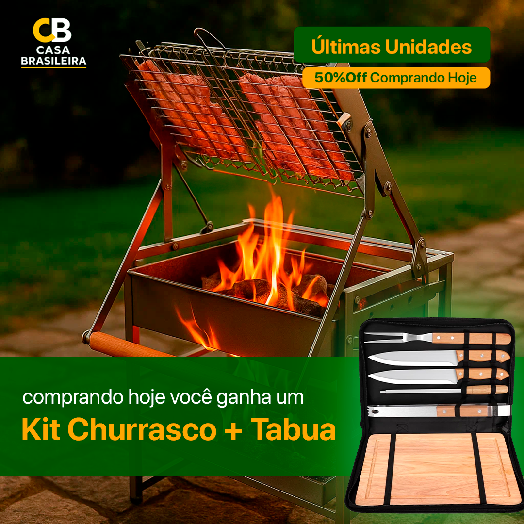 Churrasqueira com Grelha Giratória 360° + Kit Churrasco com Tabua | Queima de Estoque