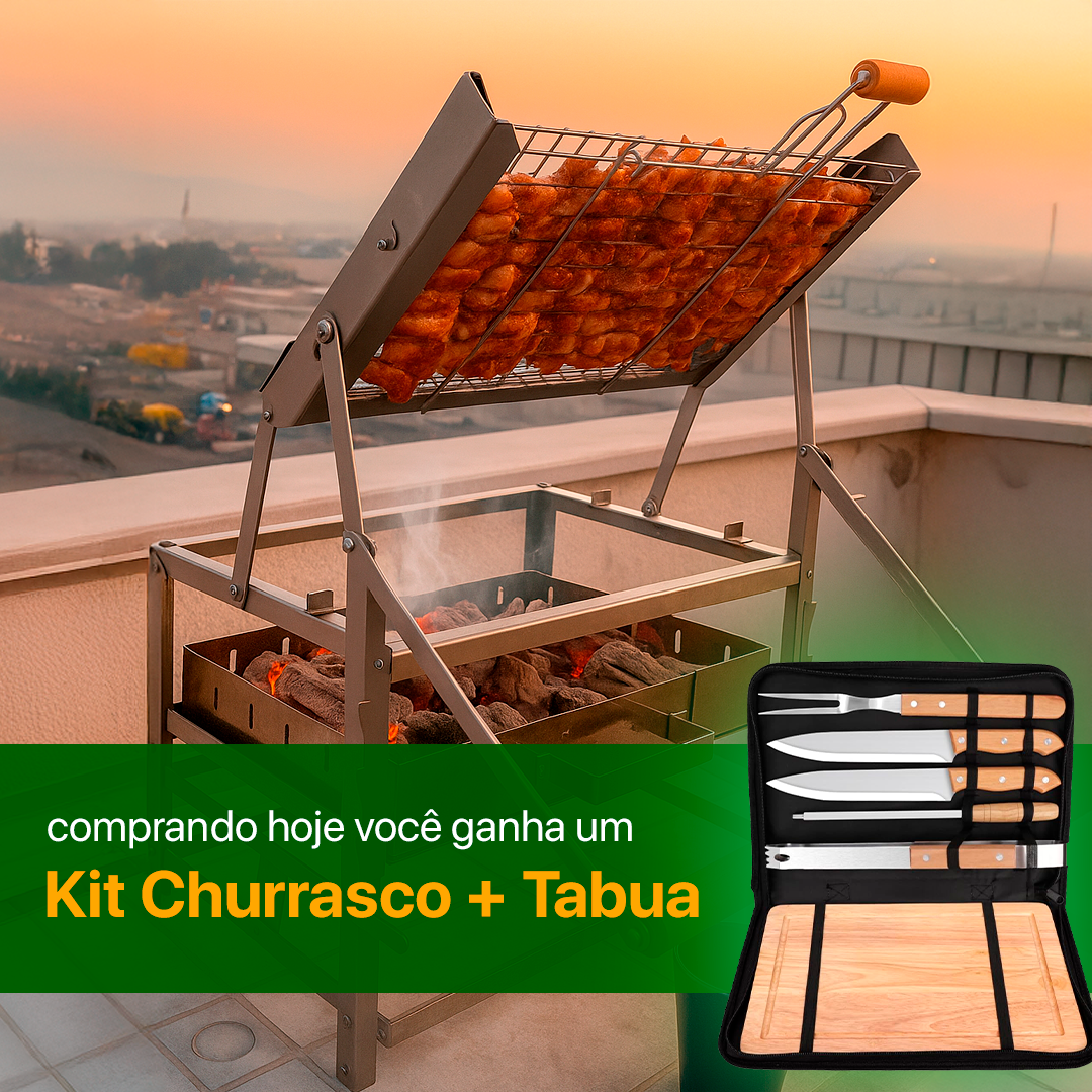 Churrasqueira com Grelha Giratória 360° + Kit Churrasco com Tabua | Queima de Estoque