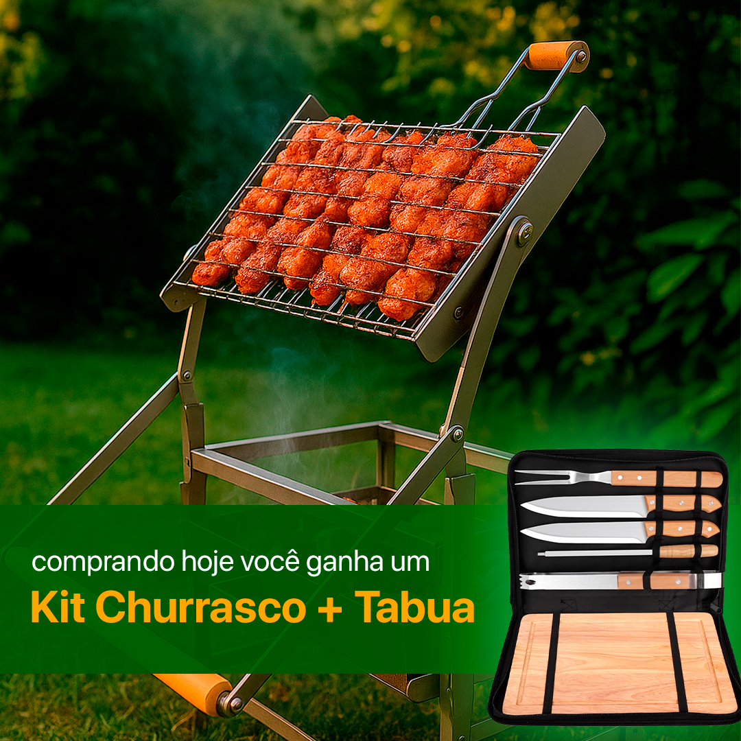 Churrasqueira com Grelha Giratória 360° + Kit Churrasco com Tabua | Queima de Estoque