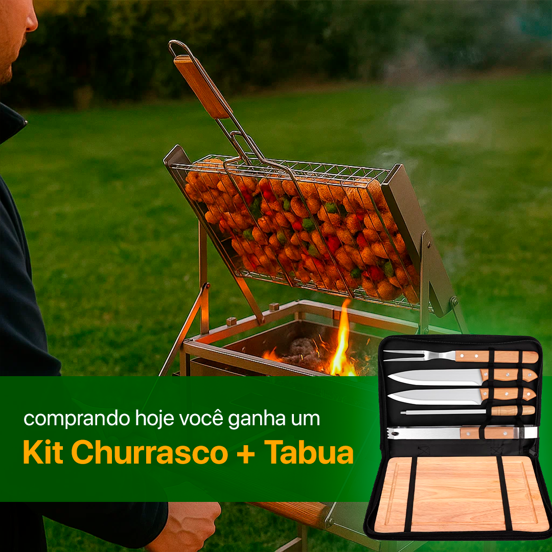 Churrasqueira com Grelha Giratória 360° + Kit Churrasco com Tabua | Queima de Estoque